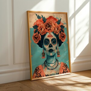 A framed digital artwork depicting a woman with a skull-like face, adorned with a floral headpiece, against a teal background.