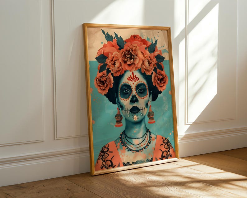 A framed digital artwork depicting a woman with a skull-like face, adorned with a floral headpiece, against a teal background.