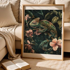 Chameleon Art Print Vintage Modern Style Tropical Flowers Painting Jungle Artwork Wildlife Nature-Inspired Decor Lizard Lovers Gift for Home