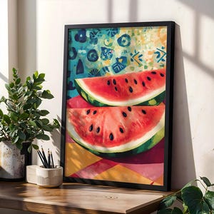 Juicy Red Watermelon Art Print Tropical Fruit Artwork Sliced Melon Painting Colourful Kitchen Wall Decor Summer Vibes Interior Home Gift