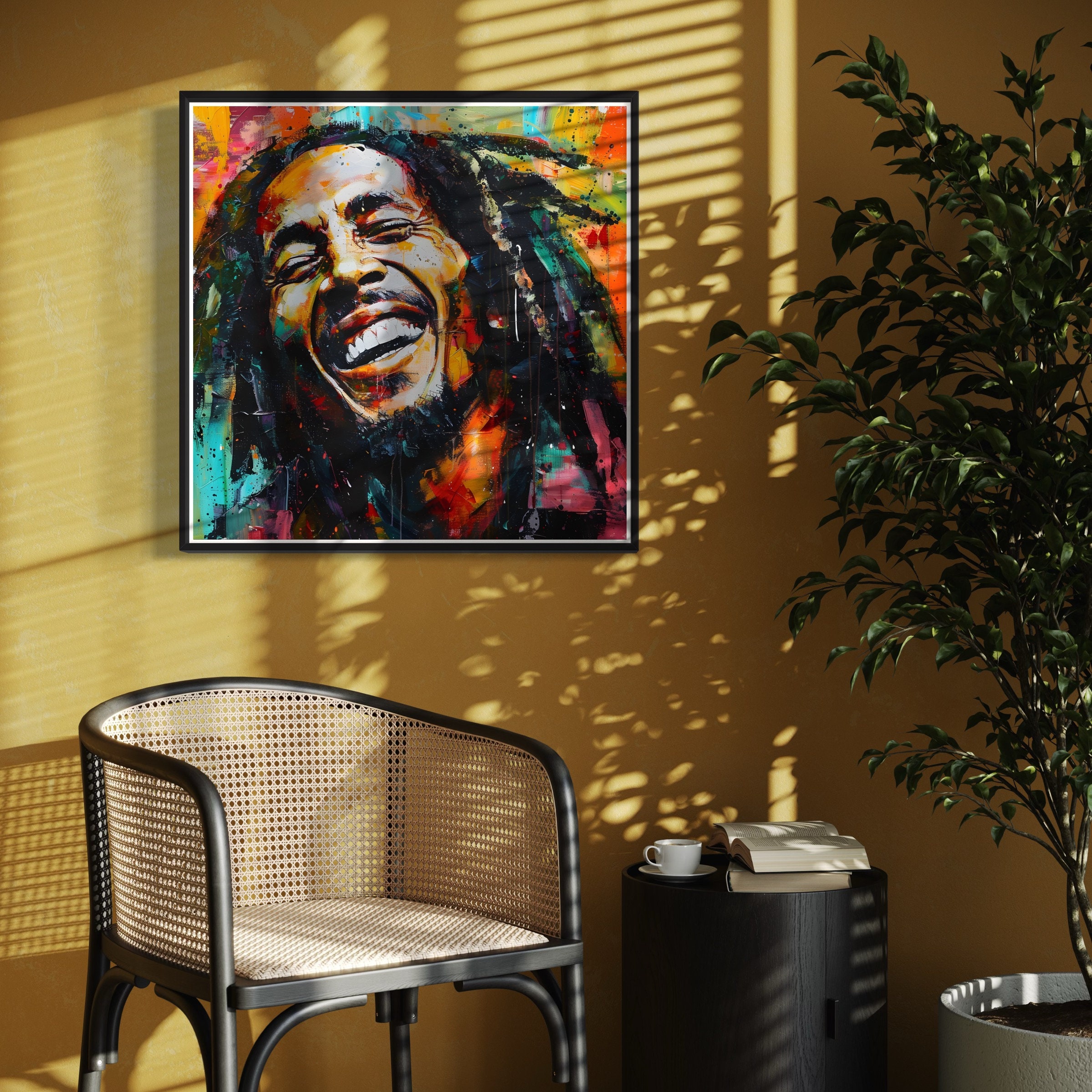 笑うボブ・マーリーのアートプリント カラフルなレゲエアイコンの