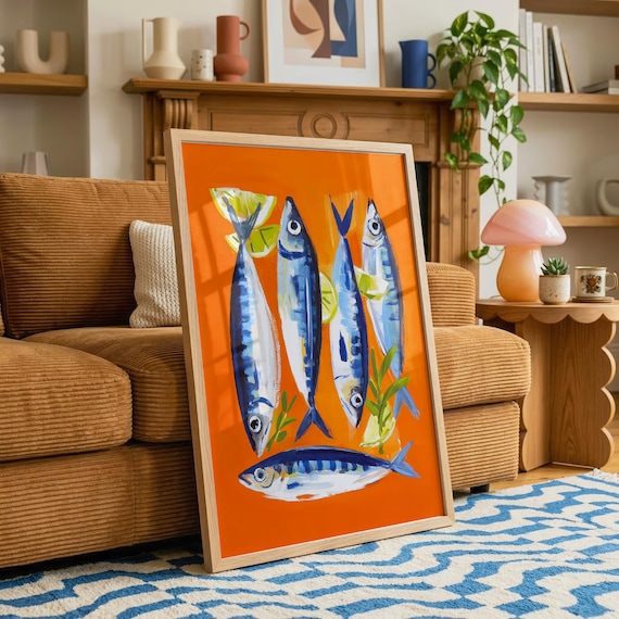 Orange Sardine Art Print Coastal Kitchen Wall Decor Mediterranean Fish Painting Nautical Seafood Artwork Bold Modern Poster Sea Life Art