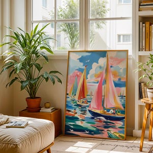a cozy living room with a large painting of sailboats on the wall, a comfortable sofa, and potted plants. The room is filled with natural light from the windows, creating a warm and inviting atmosphere.