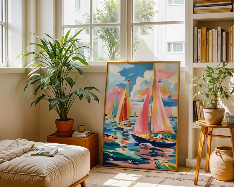 a cozy living room with a large painting of sailboats on the wall, a comfortable sofa, and potted plants. The room is filled with natural light from the windows, creating a warm and inviting atmosphere.