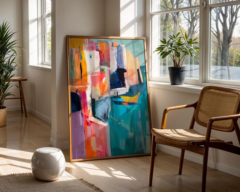 a large abstract painting displayed in a room with a wooden chair and a potted plant.