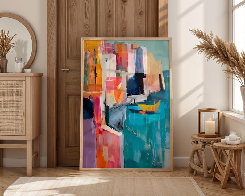a large abstract painting with vibrant colors and dynamic brushstrokes, displayed in a room with a wooden door and a window.