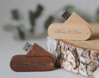 Custom Engraved Wooden USB Flash Drive. Wedding USB Drive Personalized Memory sticks 8GB to 128 GB, light or dark wood