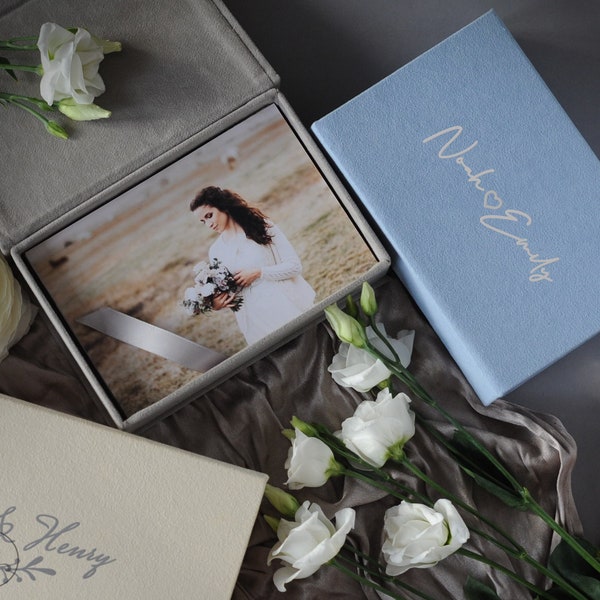 Photo box 4x6, 5x7, 6x8, velvet photo storage box personalized, wedding photo box keepsake