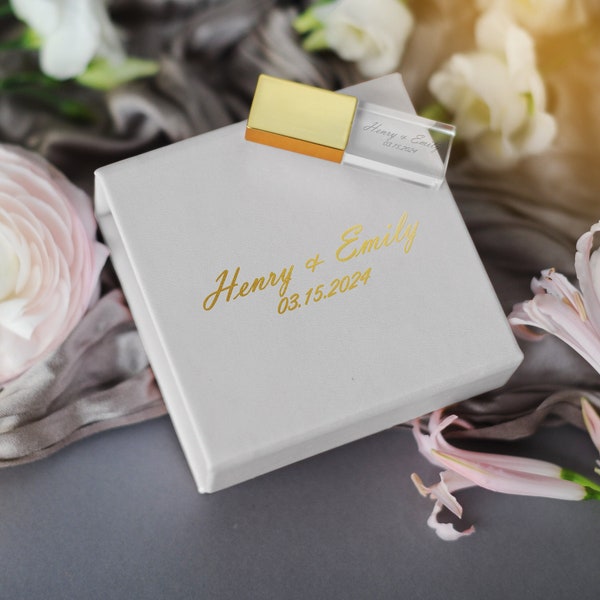 Custom USB box and USB Drive, Wedding Glass Engraved USB Flash Drive 8-16-32Gb Gold, Silver, Rose Gold, Photographer boxes