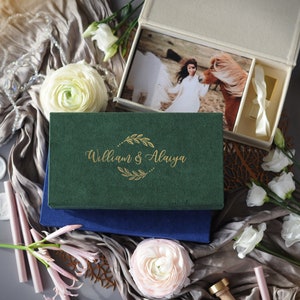 Wedding photo box with USB, velvet folio boxes, custom photo USB box, photography packages box for prints 4x6, 5x7, 6x8 image 1