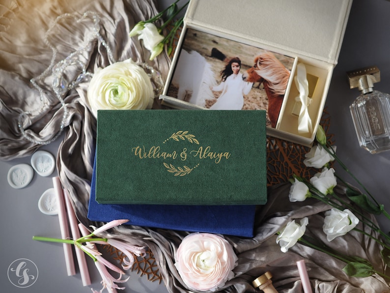Wedding photo box with USB, velvet folio boxes, custom photo USB box, photography packages box for prints 4x6, 5x7, 6x8 image 1