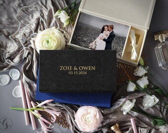 Velvet print box, linen photo box with USB, wedding engraved usb drive, personalized usb photo box for photographer