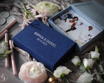 Wedding photo memory box, custom photo box for 90 prints 4x6, 5x7, 6x8, velvet photo storage photographer boxes