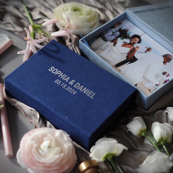 Wedding photo memory box, custom photo box for 90 prints 4x6, 5x7, 6x8, velvet photo storage photographer boxes
