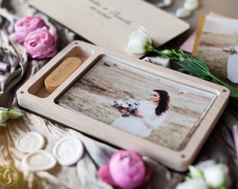Wood photo box for 4x6 prints, wedding USB drive engraved, custom print box for photographer, photo memory box