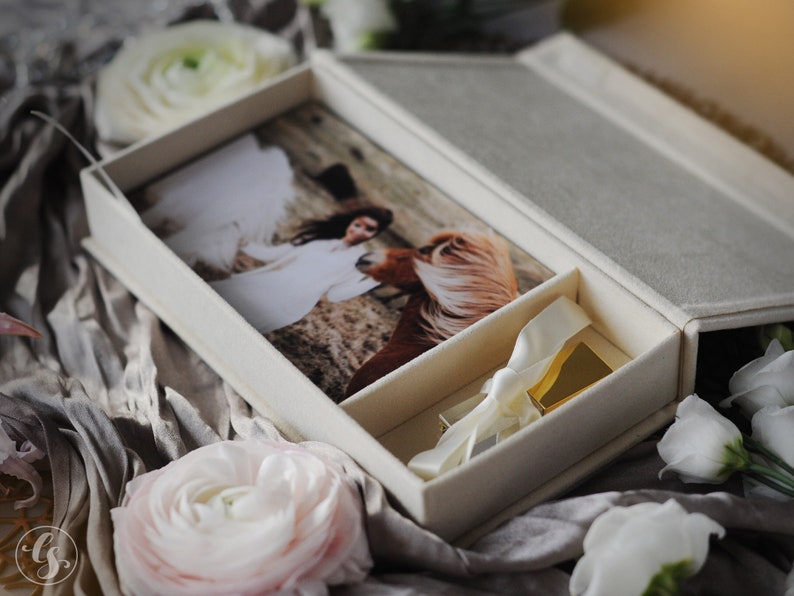 Wedding photo box with USB, velvet folio boxes, custom photo USB box, photography packages box for prints 4x6, 5x7, 6x8 image 6