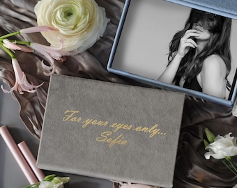 Velvet photo memory box for your eyes only, boudoir photo box 4x6, 5x7, 6x8, custom photo box, wedding anniversary gift for husband