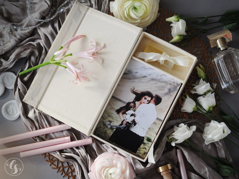 Wedding photo box with USB, velvet folio boxes, custom photo USB box, photography packages box for prints 4x6, 5x7, 6x8 image 9