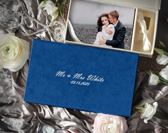 Wedding memory box velvet photo box, custom linen photo usb box, personalized usb drive and print box, photographer boxes