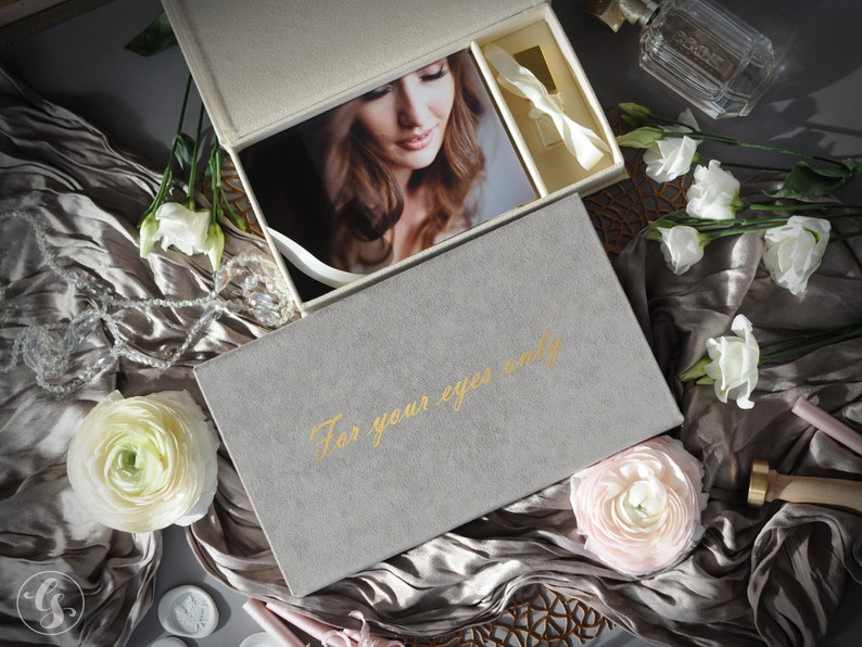 Wedding photo box with USB, velvet folio boxes, custom photo USB box, photography packages box for prints 4x6, 5x7, 6x8 image 5
