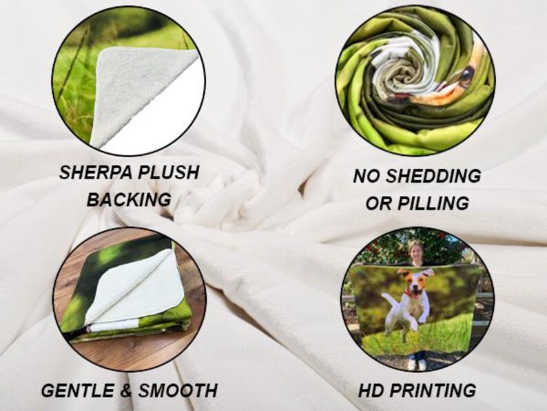 Op de afbeelding: Close-up van een zachte, pluche deken met een witte sherpa-rug. De deken heeft een levendig groen en bruin patroon met een hond die door een veld rent. De tekst "Gentle & Smooth", "Sherpa Plush Backing", "HD Printing" en "No Shedding or Pilling" wordt weergegeven op de afbeelding.