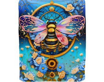 Filigree Bee Lux Fleece Printed Blanket with Sherpa Backing Made in the USA
