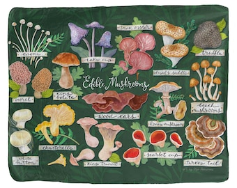 Edible Mushrooms Lux Fleece Printed Blanket with Sherpa Backing Made in the USA