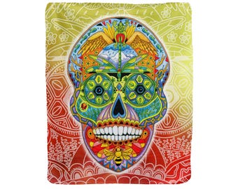 Sugar Skull Fleece Blanket – Animal Spirits Sherpa Backing, USA Made