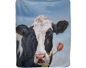 Trouble Holstein Cow Lux Fleece Printed Blanket with Sherpa Backing - Made in the USA