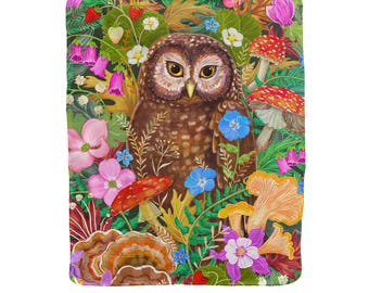 Owl and Mushroom Fleece Blanket – Floral Woodland Sherpa Backing (50" x 60")