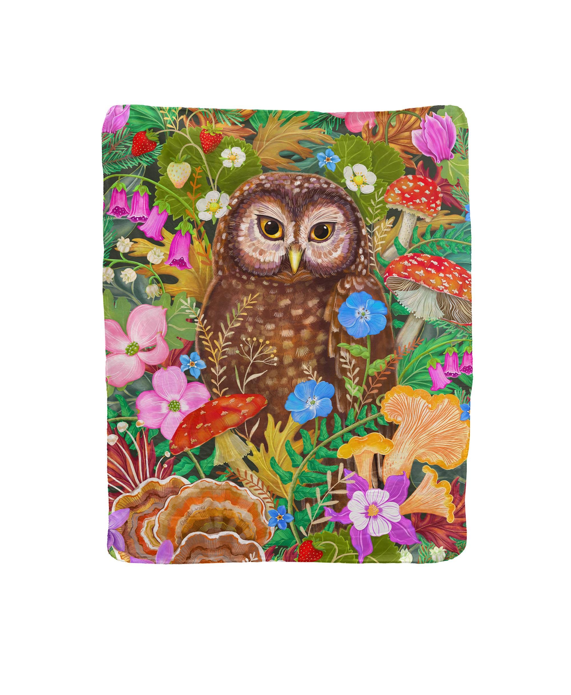 Owl in The Woods Floral and Mushroom Lux Fleece Printed Blanket with Sherpa Backing - 50" x 60&