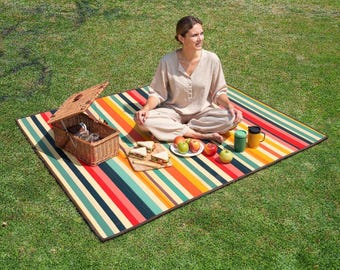 Colorful Stripe Picnic Blanket | Water-Repellent | Outdoor Fleece Throw Portable Beach Mat Camping Gear