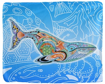 Blue Whale Lux Fleece Printed Blanket with Sherpa Backing - Animal Spirits Totem by Sue Coccia - Made in the USA