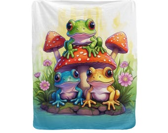 Frog Friends Lux Fleece Printed Blanket with Sherpa Backing - Made in the USA
