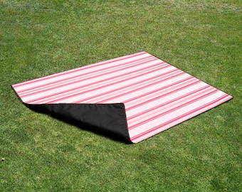 Pink Cabana Stripe Picnic Blanket | Water-Repellent | Outdoor Fleece Throw Portable Beach Mat Camping Gear