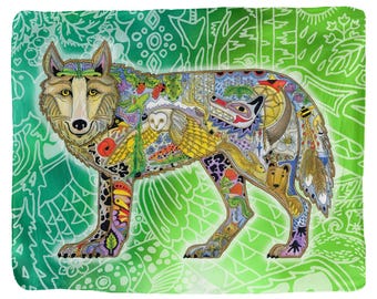 Wolf Fleece Blanket - Sherpa Backing, Sue Coccia Animal Totem Art