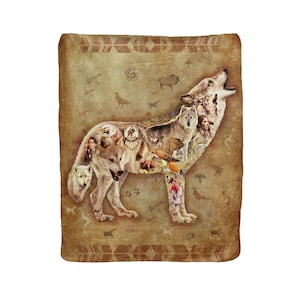 May include: A brown and tan wolf howling with a Native American design on its fur. The wolf is surrounded by other animals and symbols, including a buffalo, an eagle, and a sun.