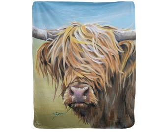 Highland Cow Fleece Blanket - Sherpa Backing, USA Made
