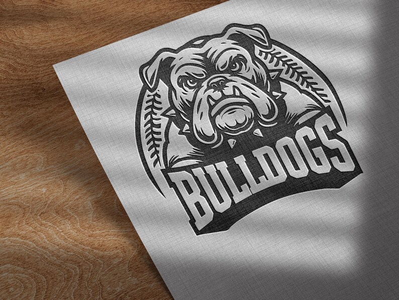 May include: Black and white illustration of a bulldog's head with the word "Bulldogs" in a stylized font.