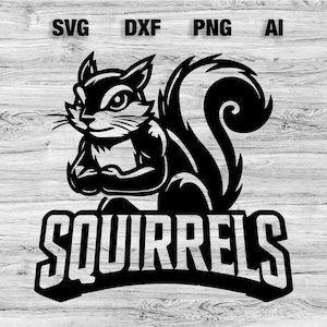 May include: Black and white illustration of a squirrel with a bushy tail. The squirrel is standing on its hind legs with its front paws crossed. The text "SQUIRRELS" is written in a bold, stylized font below the squirrel.
