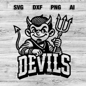 Puede incluir: Ilustración en blanco y negro de un diablo de dibujos animados sosteniendo un tenedor con la palabra "Devils" en letras negritas debajo.