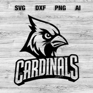 May include: Black and white vector graphic of a cardinal bird with the word "CARDINALS" in a bold, stylized font.