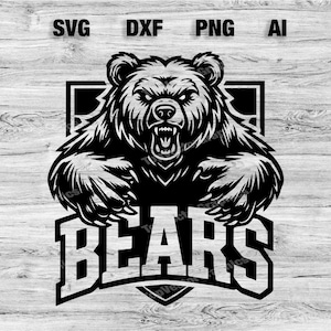以下が含まれることがあります： 獰猛な表情をした熊の頭部の白黒イラスト。熊は「BEARS」という文字が太字で書かれた盾で囲まれています。