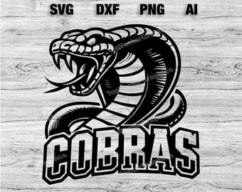 May include: Black and white illustration of a cobra with its mouth open, with the word "COBRAS" in a bold, blocky font below it.