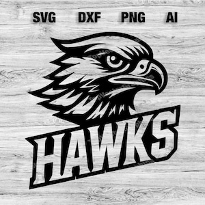 May include: Black and white vector graphic of a hawk's head with the word "HAWKS" underneath.