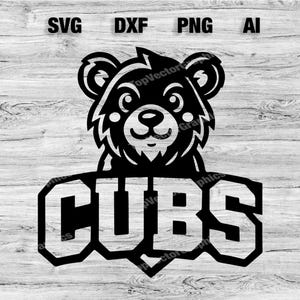 Puede incluir: Ilustración en blanco y negro de un oso de dibujos animados con una gorra de béisbol con la palabra "CUBS" en ella.
