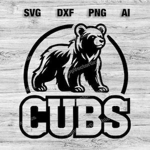 Puede incluir: Ilustración en blanco y negro de un oso de pie sobre sus patas traseras dentro de un círculo con la palabra "CUBS" escrita debajo.