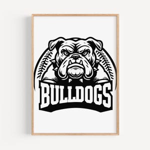 May include: Black and white illustration of a bulldog's head with a baseball-themed design and the word "BULLDOGS" in a banner below.