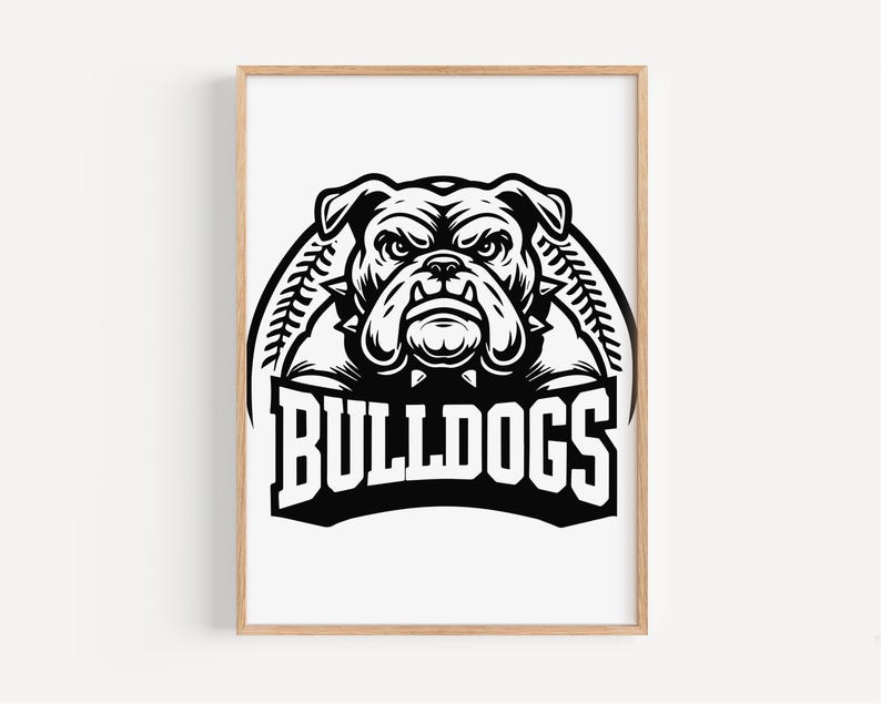 May include: Black and white illustration of a bulldog's head with a baseball-themed design and the word "BULLDOGS" in a banner below.
