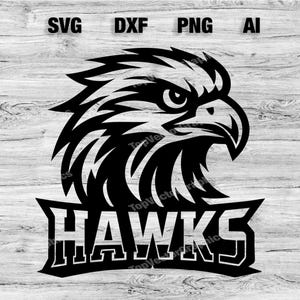 May include: Black and white vector graphic of a hawk's head with the word "HAWKS" underneath. The hawk is facing right and has a fierce expression.